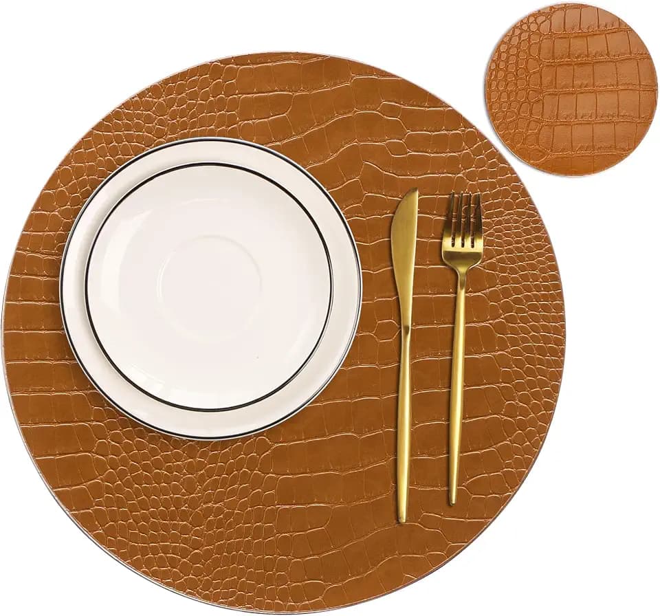 Jovono Round Leather Placemats for Round Tables Set of 4, Brown Place Mats and Coasters, Wipeable Waterproof Heat Resistant Table Mats Easy to Care for Indoor Decor 13 inch Diameter