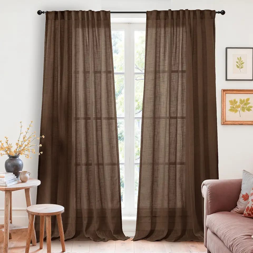 YoungsTex Brown Linen Curtains 90 Inches Long for Living Room - Chocolate Light Filtering Drapes Textured with Rod Pocket Back Tab for Dining Bedroom, 2 Panels, 52 X 90 Inch