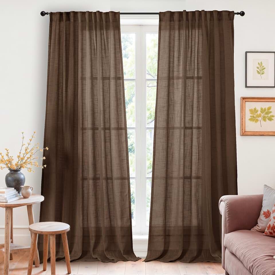 YoungsTex Brown Linen Sheer Curtains for Living Room 2 Panels Rod Pocket