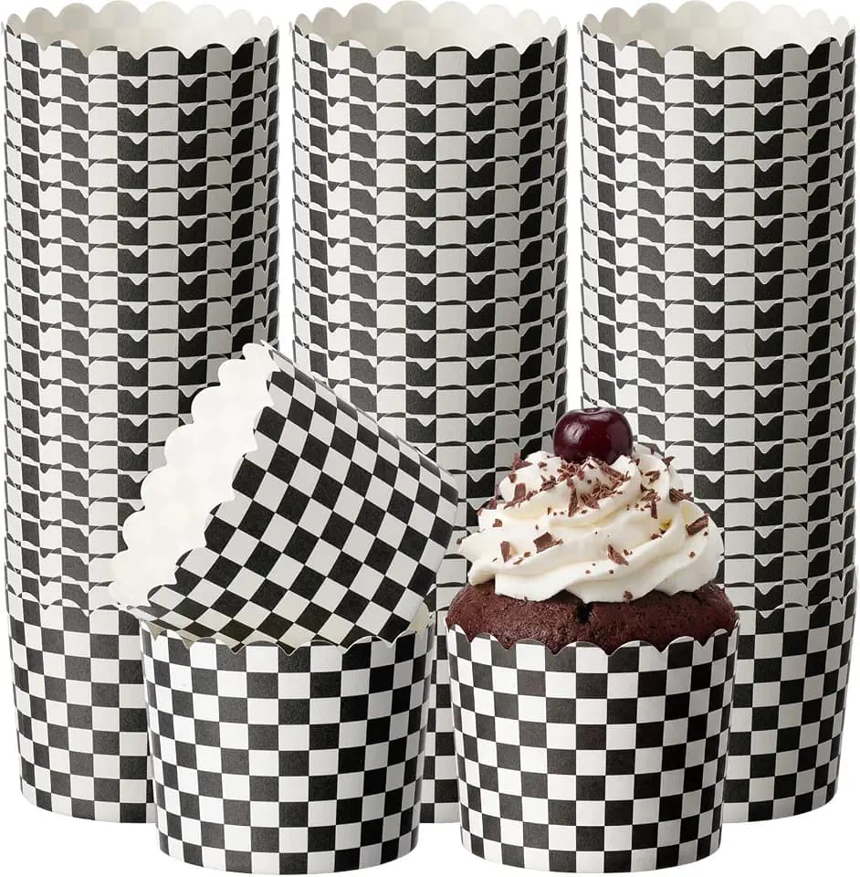 Qinyoung 150 Pcs Race Car Checkered Cupcake Wrappers Liners Black and White Paper Baking Cup Greaseproof Disposable Scalloped Checkered Flag Muffin Case for Racing Car Birthday Party Baby Shower Decor