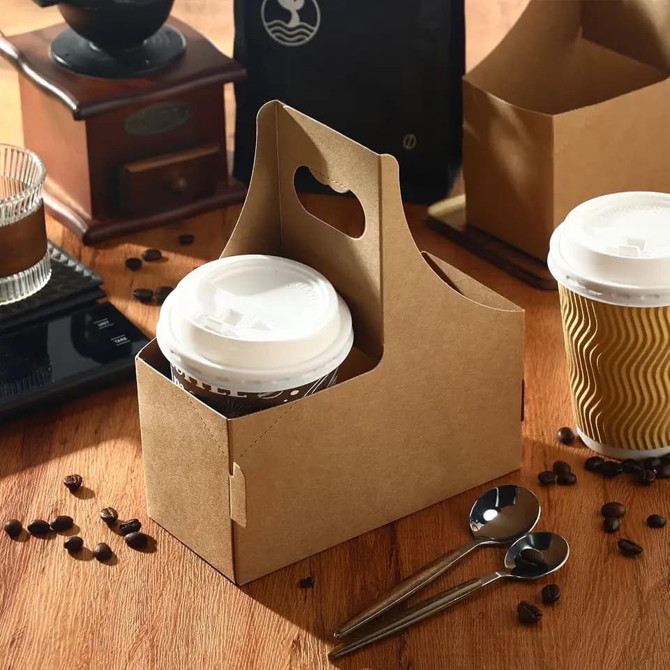 Dunzoom Brown 60 Pcs 2 Cups Drink Carrier with Handles, Disposable Paperboard 2 Cup Holder, 7.87 x 3.07 x 6.77 Inches Paperboard Coffee Holder for Drink Takeout Cafe Restaurant Food Delivery