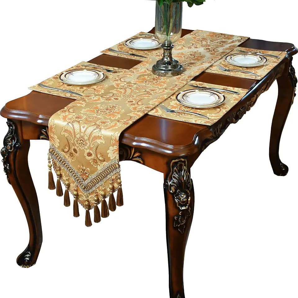 Luxury Velvet Gold Table Runner 72 Inches Long with Vintage Damask Jacquard Design for Dining Room,Living Room,Home Decor,Elegant Beaded Tapestry,Lining (Gold, 13×72 inch)