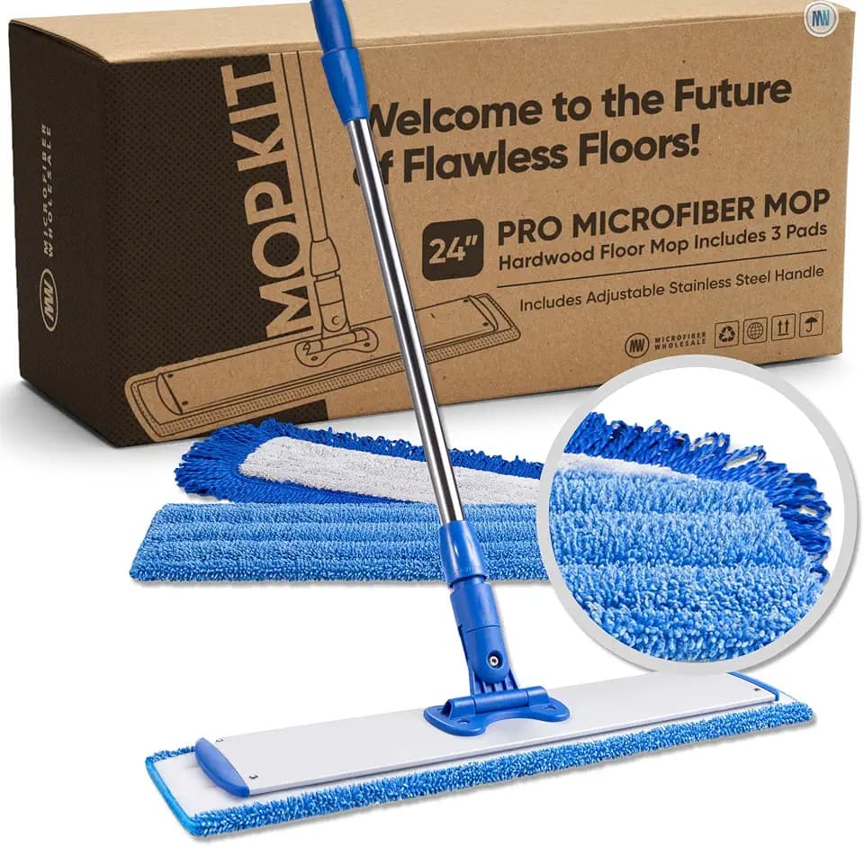 Microfiber Wholesale 24" Professional Microfiber Flat Mop – Wet, Dry & Dust for Hardwood, Vinyl Plank, Laminate & Tile – Commercial Flat Mop System, 64" Stainless Handle, 3 Reusable Pads