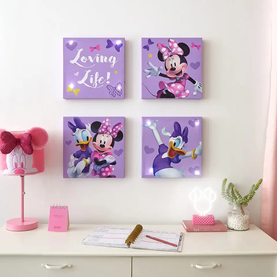 Disney Minnie Mouse LED Canvas Wall Art – 4-Pack Set for Kids – Light-Up 11x11” Panels – Minnie Room Décor for Girls – Battery Operated Wall Hanging for Bedroom or Playroom
