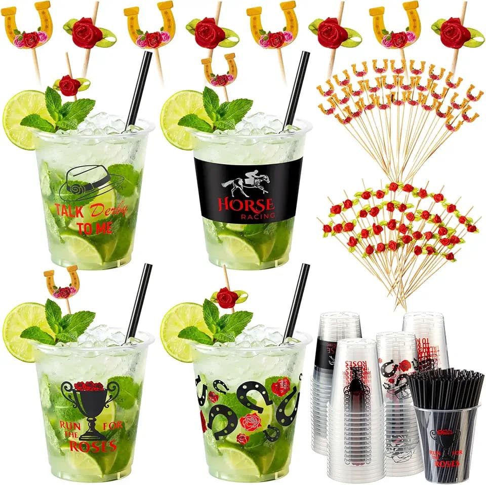 Sabary 48 Sets Derby Plastic Cups Bulk 12 oz Clear Disposable Horse Racing Mint Julep Cups with Straws, Horseshoe Food and Appetizer Picks and Rose Flower Cocktail Picks for Derby Party Supplies