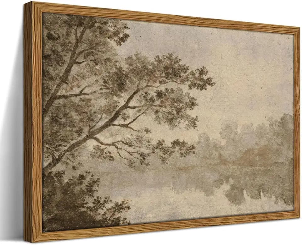 Framed Vintage Landscape Wall Art, Sepia Toned Tree and River Scene Pictures Wall Decor Paintings, Sketch Antique Nature Inspired Canvas Prints for Living Room Bedroom Office-16×24inch