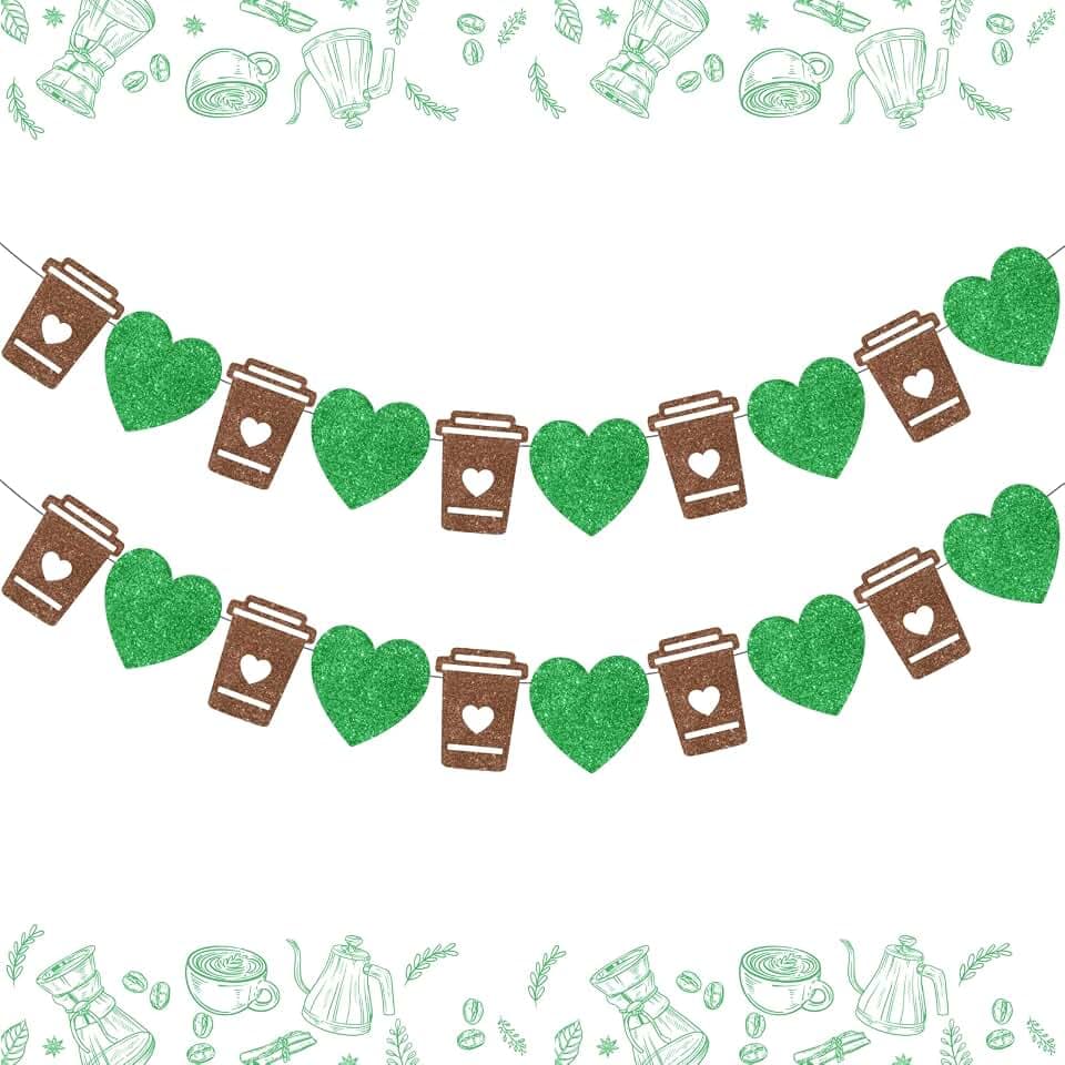 Coffee Bar Banner Green, Glitter Cup and Heart Garland, Latte Banner for Birthday Bachelorette Engagement Wedding Baby Shower Party, Bar Wall Table Decorations