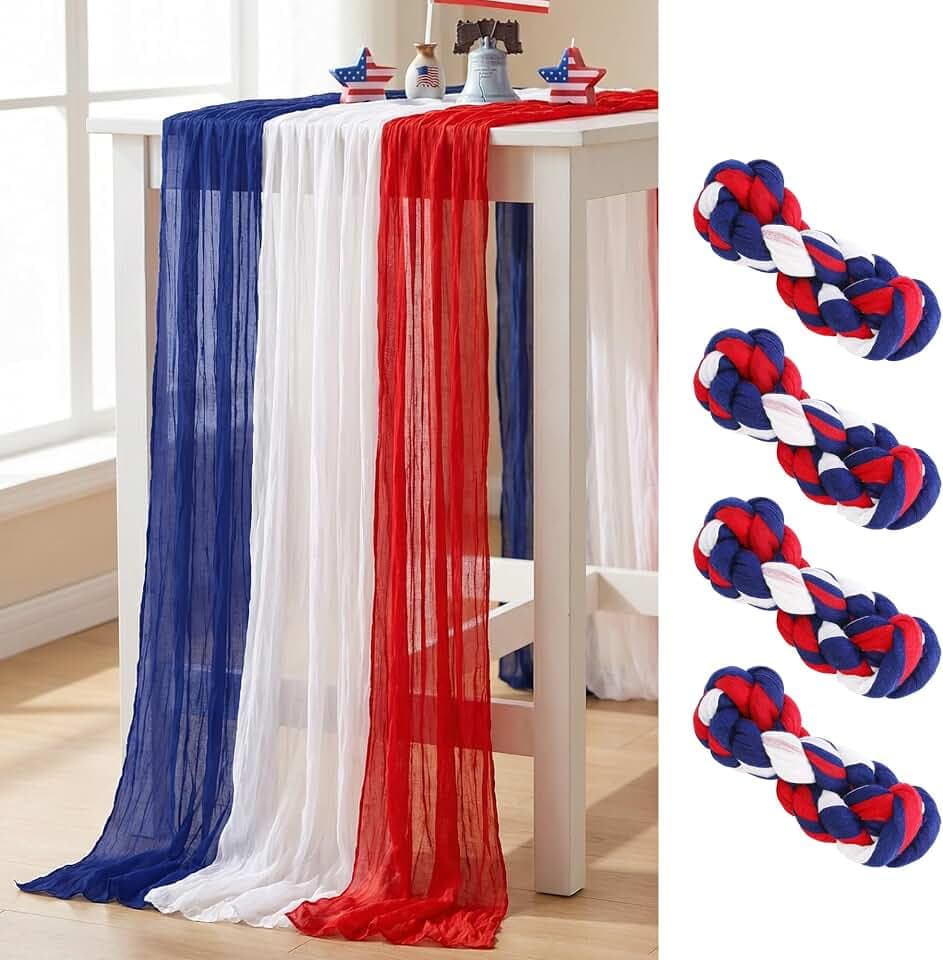 RunNico 4 Pack 4th of July Cheesecloth Table Runner - 120" Long Rustic Patriotic Gauze Table Decor - Red White Blue Tie Dye for Independence Day, Memorial Day, Summer Party