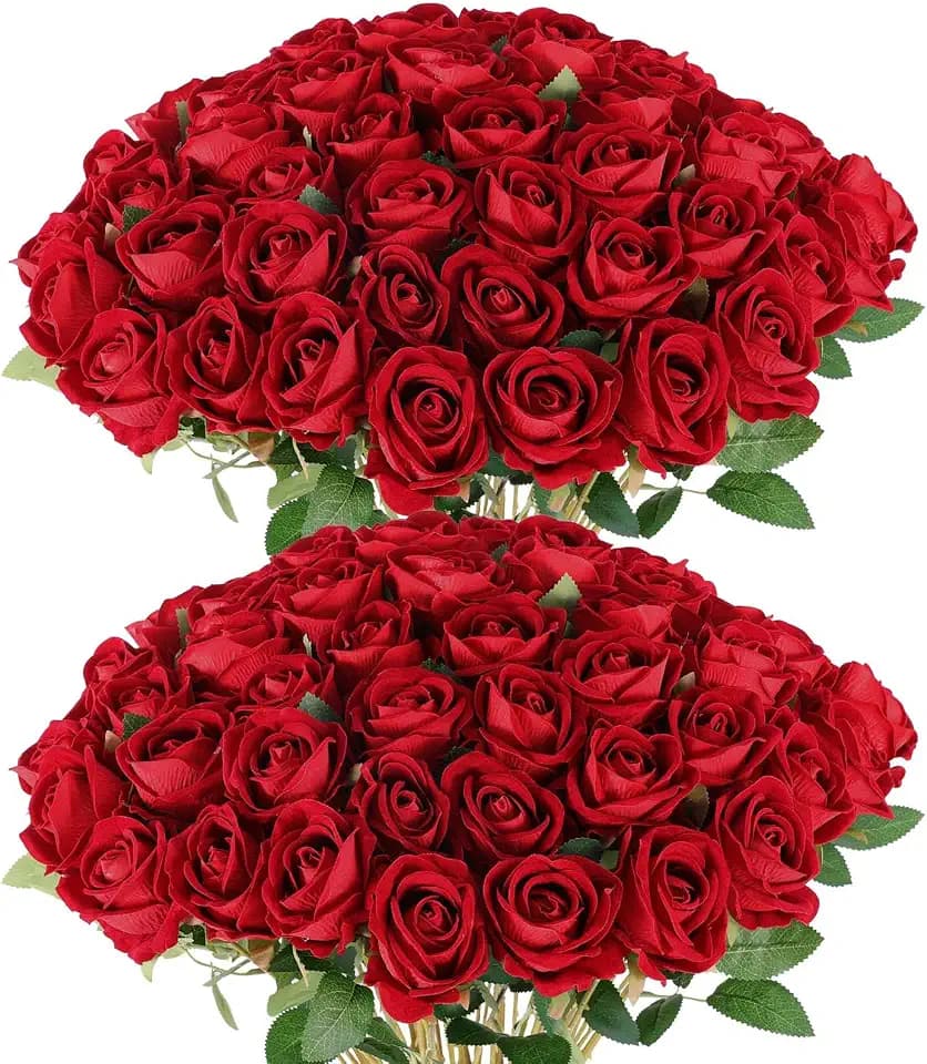 Hananona 50 Pcs Artificial Roses, Realistic Silk Burgundy Flowers Bulk