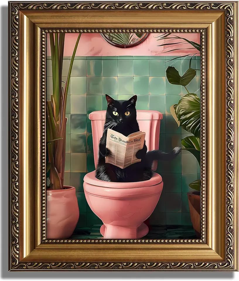 ASTRDECOR Wall Art Framed, Funny Black Cat Reading Newspaper On The Toilet Wall Decor, Cute Pets Cat Painting Picture, Green Botanical Plant Animal Bathroom Art Prints, Wall Canvas Pictures - 12"x16"