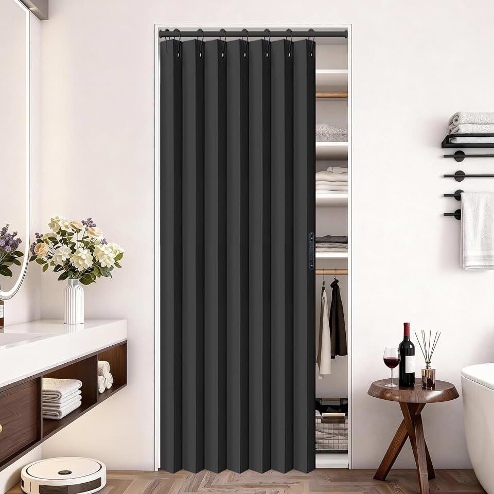 Vatge Closet Door Curtain Room Divider Drapes, Pleated Folding Style Curtains for Doorways Curtain for Bedroom Without Door,1 Panel with Tieback, W39 x L78, Black