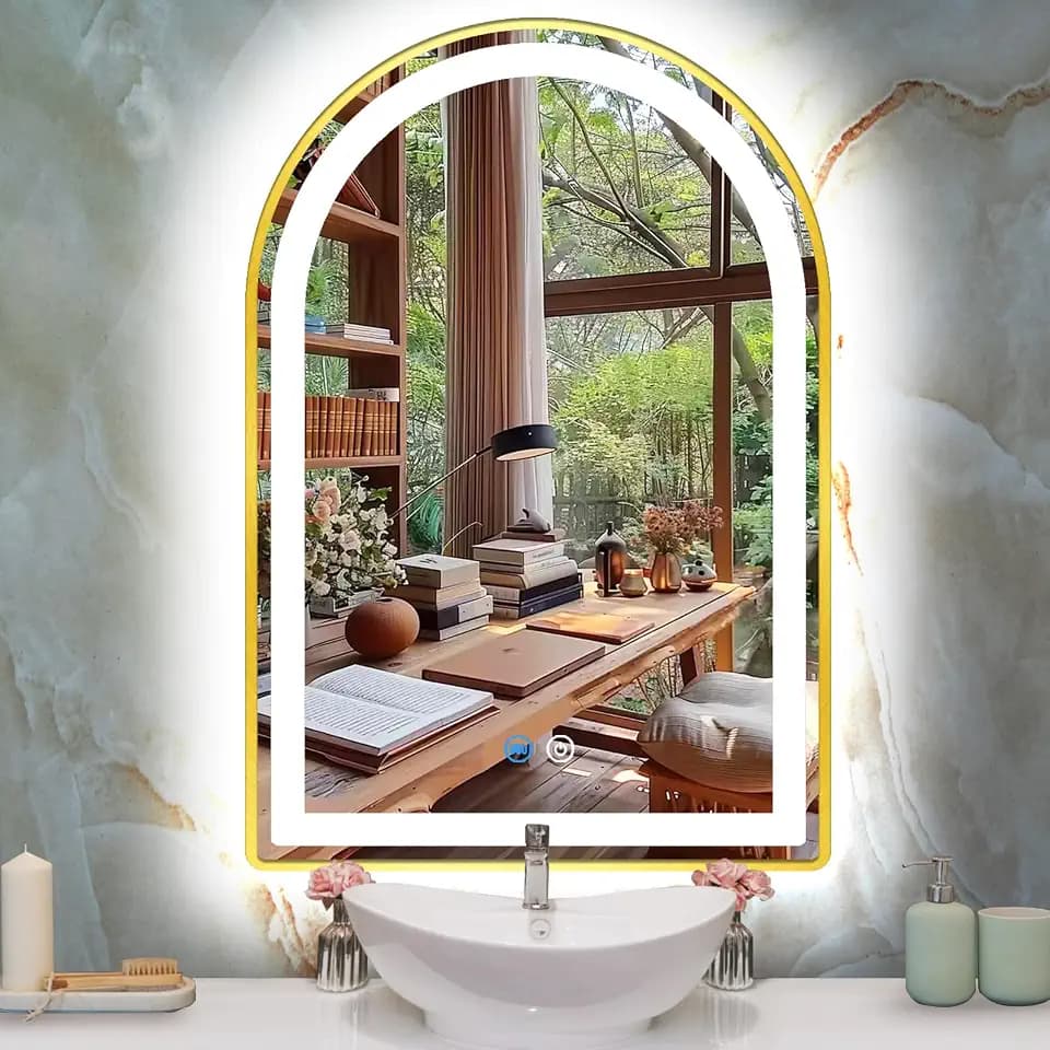 16 x 24 Inch Gold Arch LED Mirror for Bathroom Wall Makeup Desk Table Gold Arched Vanity Mirror with Lights AntiFog Smart Memory 3 Color Dimmable 24 Golden Frame Arched Lighted Vanity Mirrors
