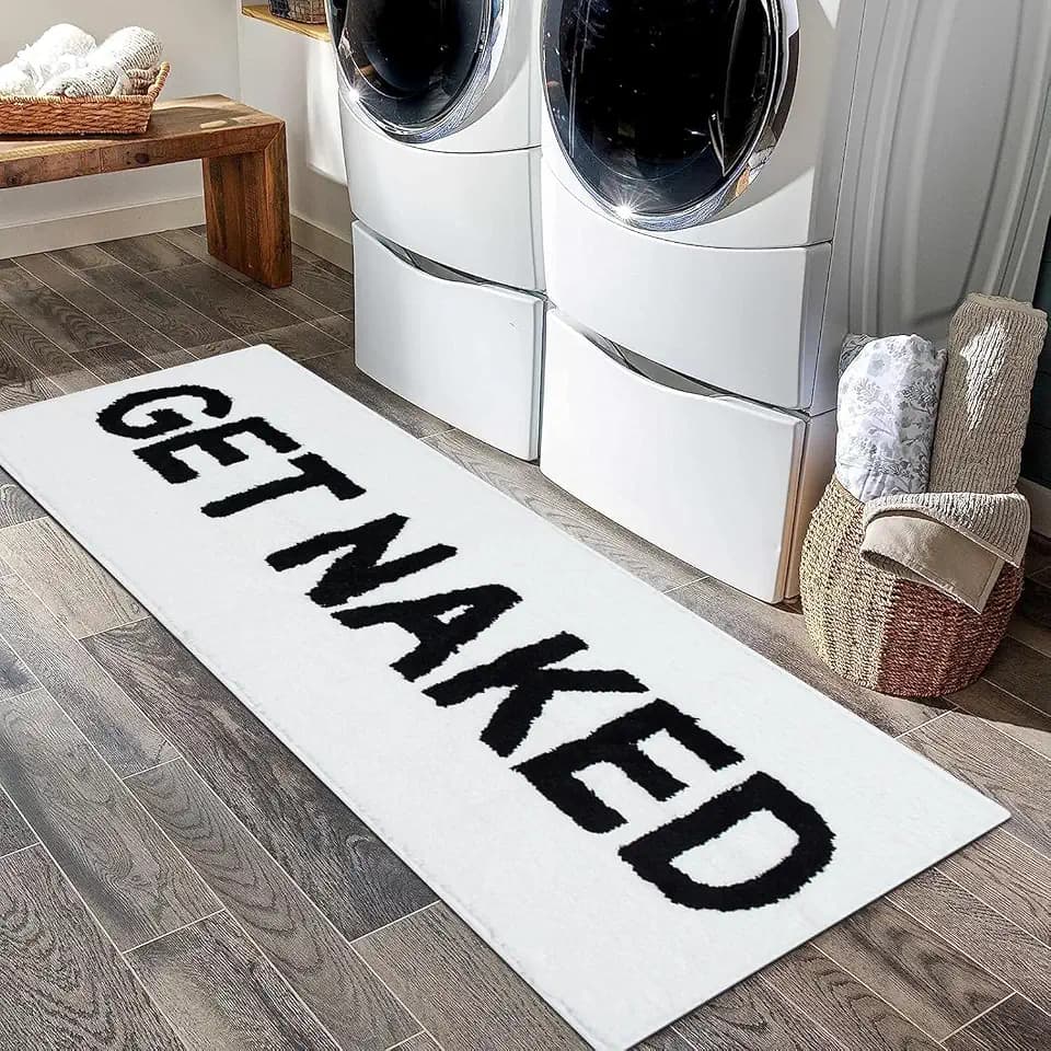 White Get Naked Bath Mat, Long Runner Mat for Bathroom, Cute Fun Simple Bath Rug, Water Absorbent Non-Slip Microfiber Mat, 18"x47"