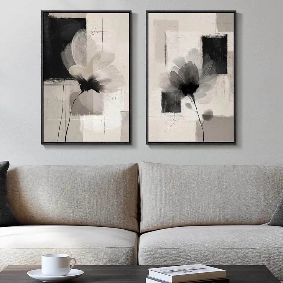 Framed Neutral Abstract Floral Wall Art Decor for Bedroom Set of 2, 16x24