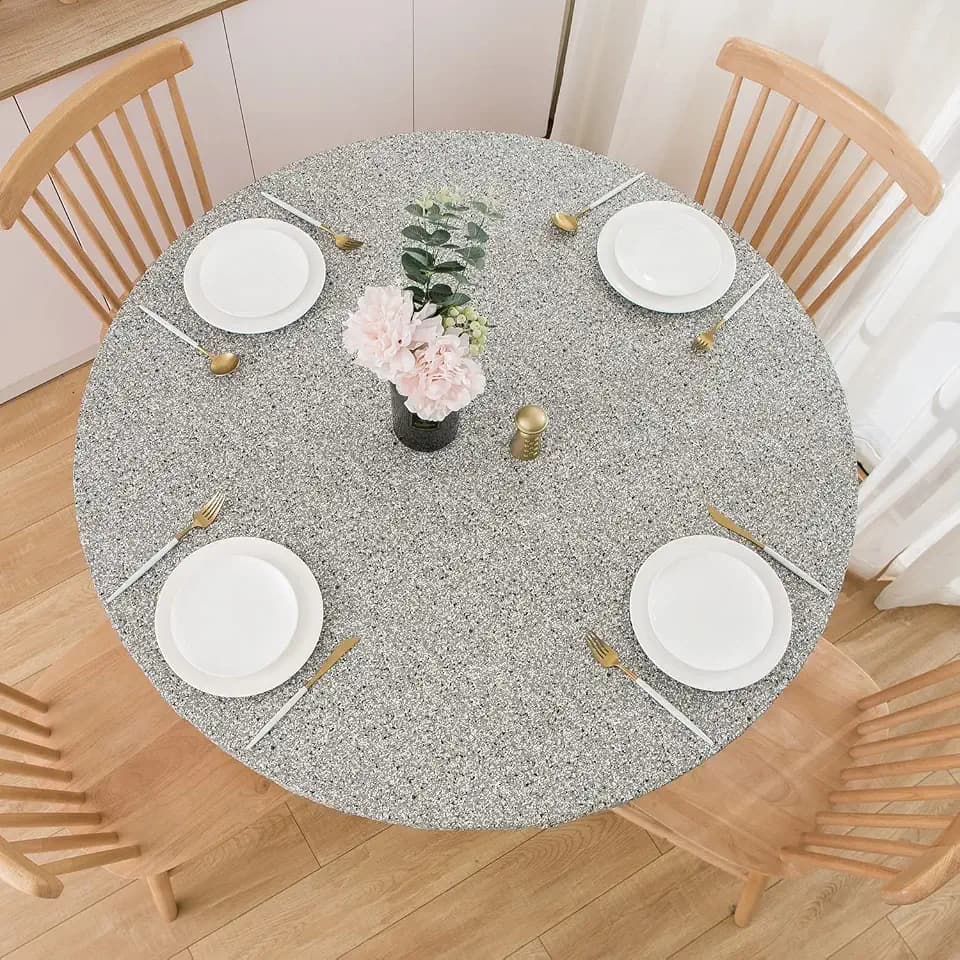 NLMUVW Round Fitted Vinyl Tablecloth with Elastic Edge 100% Waterproof Oil Proof PVC Table Cloth Wipe Clean Table Cover for Indoor and Outdoor, Grey Dot, 45"- 56"