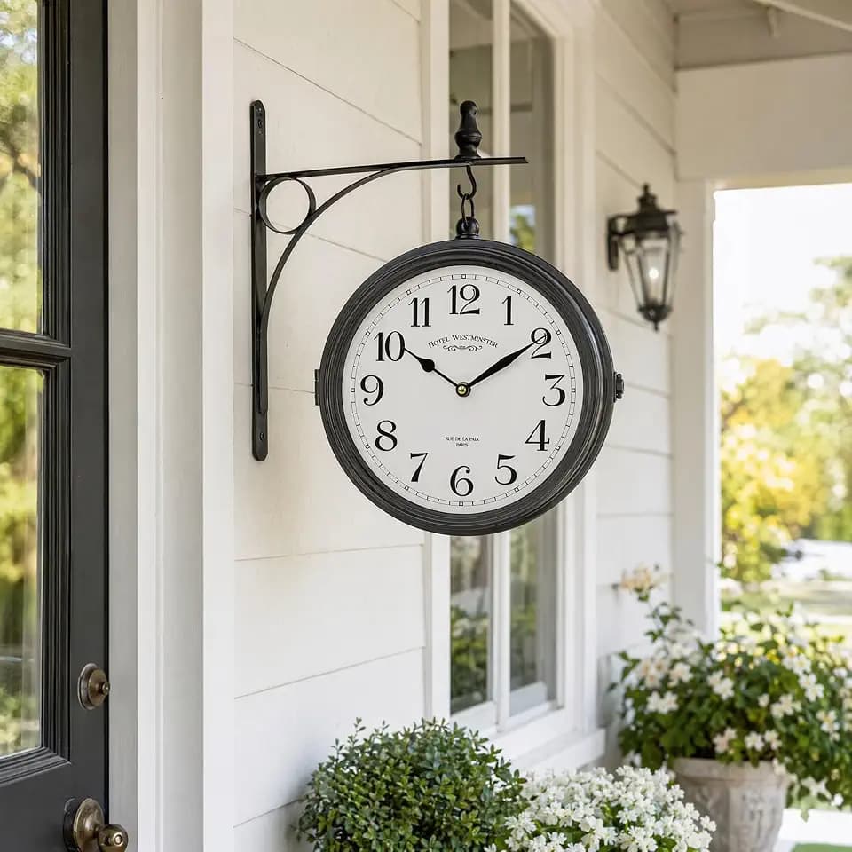 EMAX HOME Vintage Double-Sided Wall Clock with Hanging Bracket, 15 Inch Black Metal Frame, White Dial with Arabic Numerals, Silent Quartz Movement, for Living Room, Hallway, Patio, or Entryway