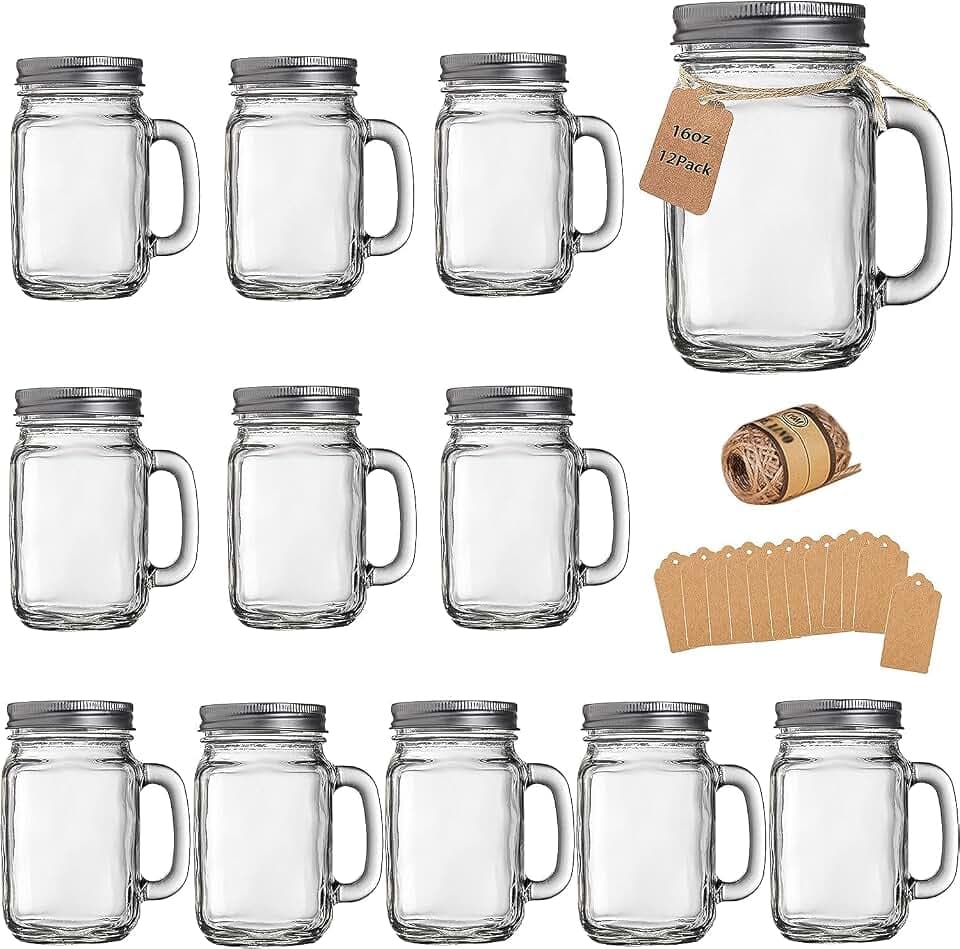 TANGLONG Mason Jar Cups, Mason Jars With Lids & Handle, 16 oz – 12 Pack