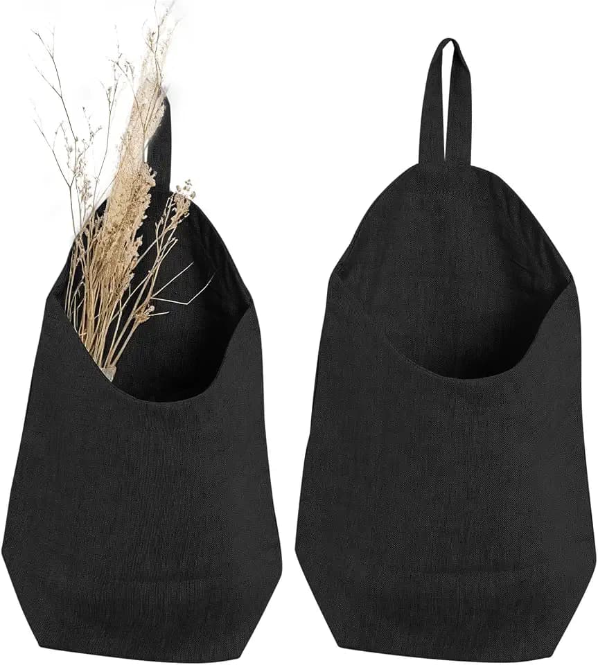 100% Linen Hanging Storage Bags Baskets 2 Pcs, Small Wall Storage Bag for Kitchen, Bedroom, RV Camper Organizer, Sewing Room, Nursery Storage, Kids Room (Black)