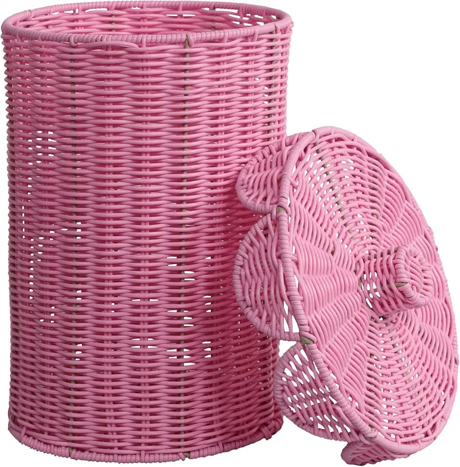 happimess Fern 2.9 Gal Resin Wicker Cylinder Wastebasket, Pink