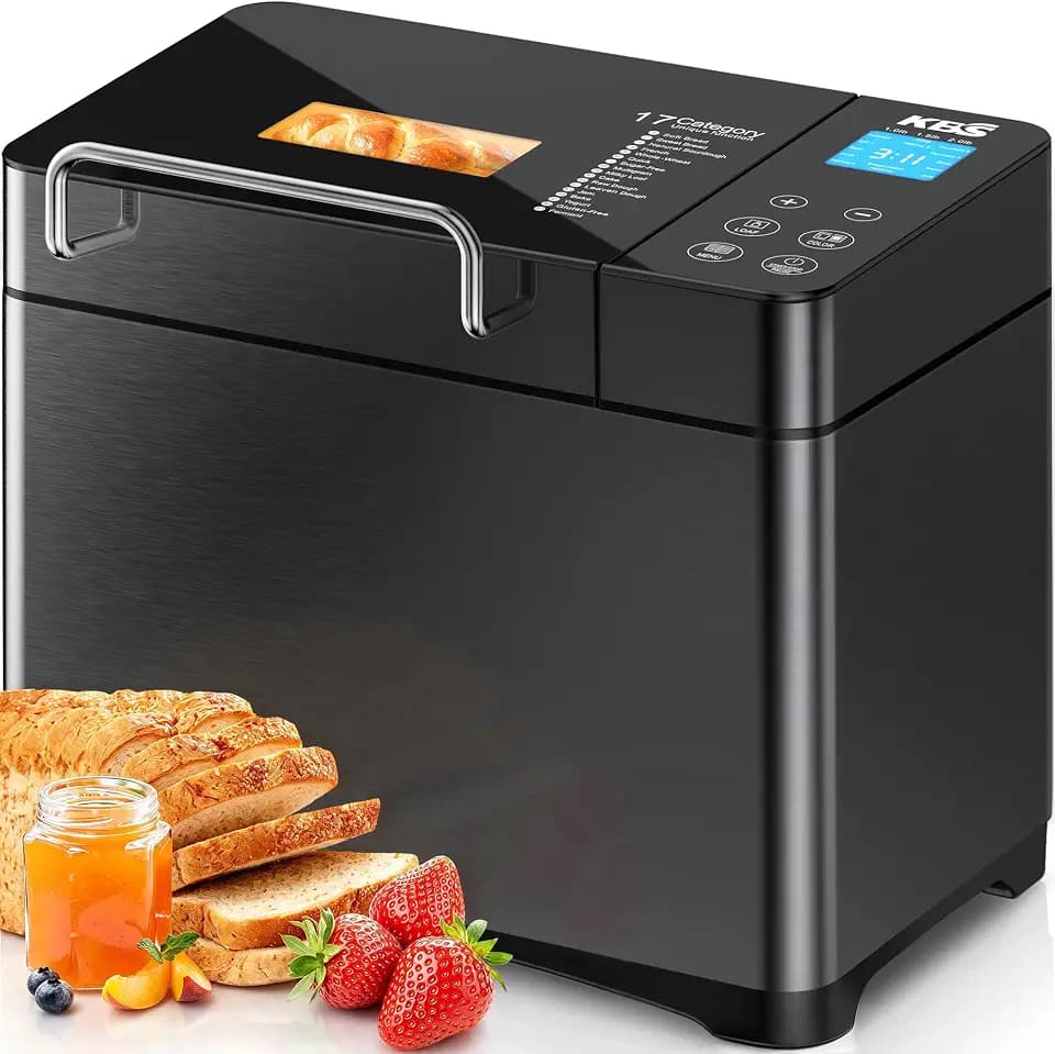 KBS 710W 2LB Bread Maker Dual Heaters, 17-in-1 Stainless Steel Bread Machine with Healthy Ceramic Pan, Automatic Nut Dispenser, Tempered Glass Touch Panel, 3 Crust Colors, 15H Timer& Keep-Warm,Recipes
