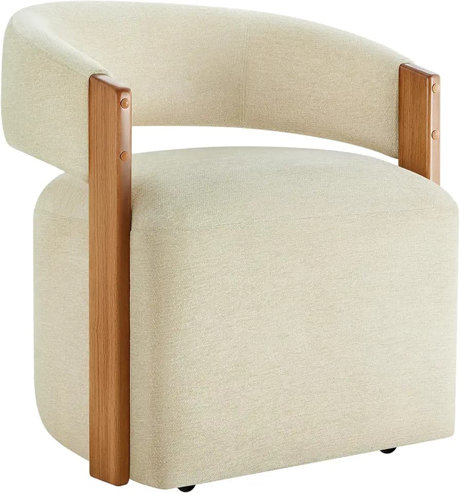 KISLOT Upholstered Dining Chairs Set of 1 with Casters, Wood Arm, Sand