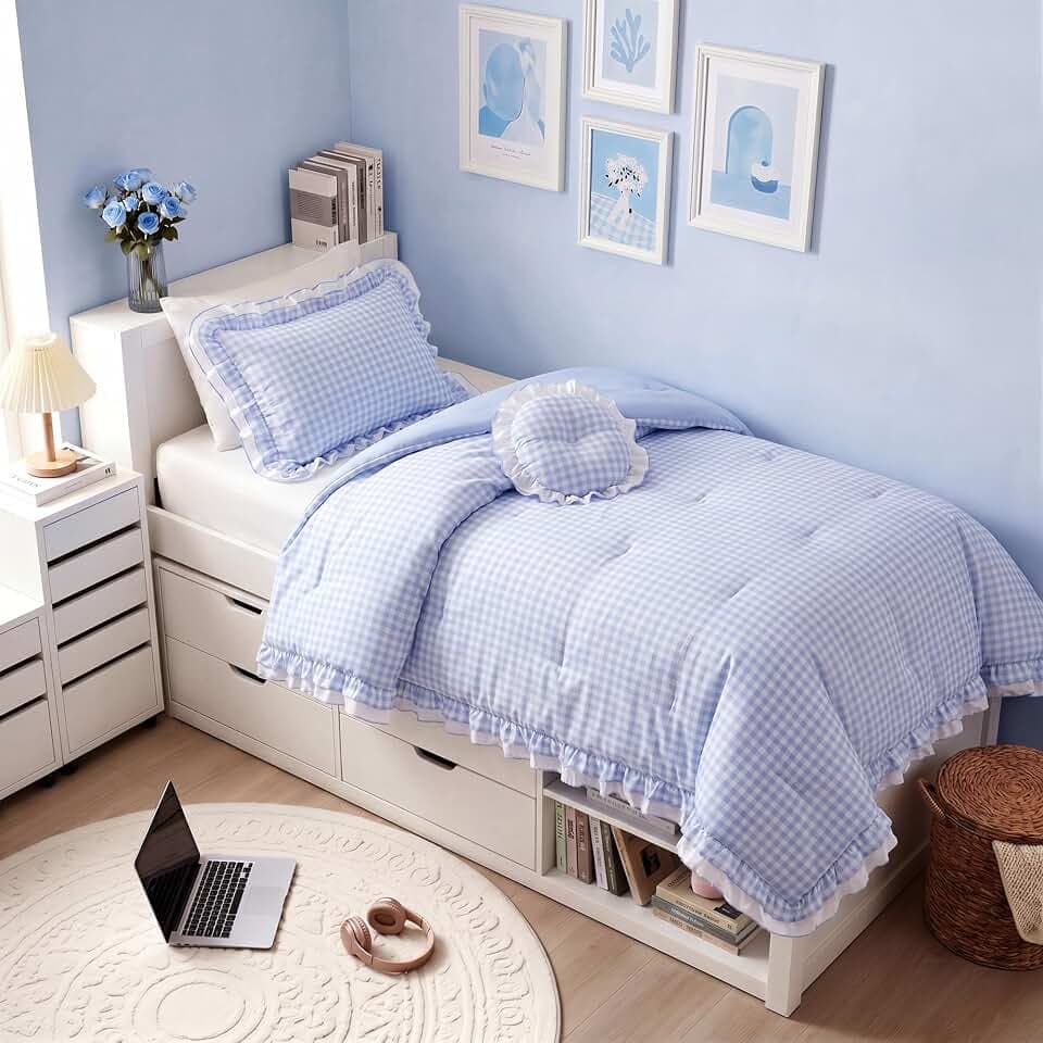 Intelligent Design Gingham Ruffled Vintage Blue Twin Comforter Set, 3pc