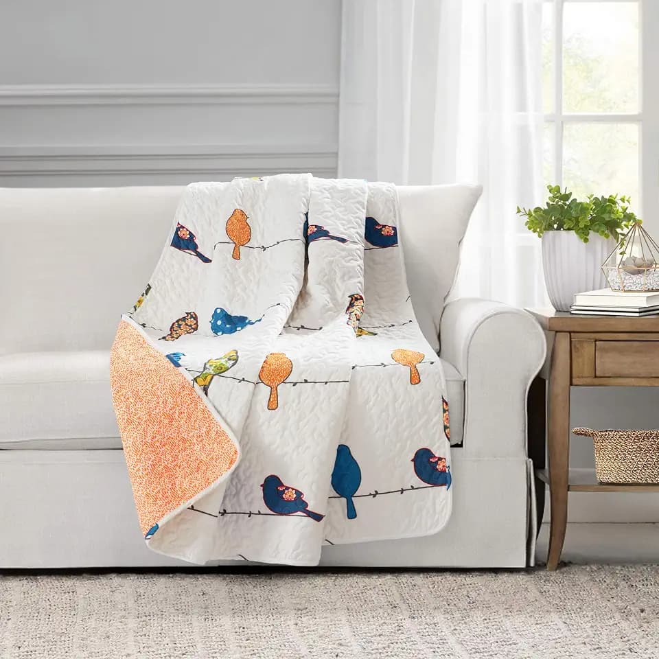 Lush Decor Rowley Birds Reversible Throw Blanket, 50" W x 60" L, Multi - Throw Blankets for Bed - Couch Blanket - Farmhouse Throw Blanket for Couch
