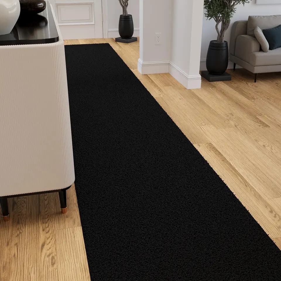 Ottomanson Long Shag Runner Rug 3' x 20', Fluffy Extra Long Hallway Runner with Non-Slip Rubber Backing, Soft Non-Shedding Rug for Corridor, Entryway, Kitchen, Laundry, Black