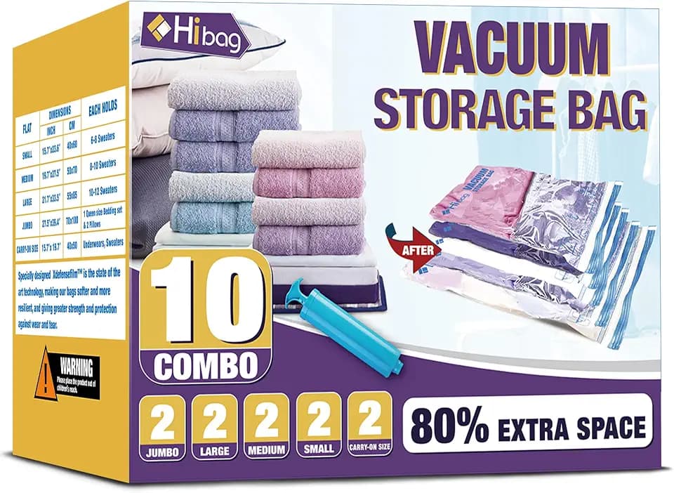 HIBAG Vacuum Storage Bags, 10-Pack Vacuum Seal Bags for Clothing Clothes, Space Saver Bags (2 Jumbo, 2 Large, 2 Medium, 2 Small, 2 Roll-up) with Pump (10-Combo)