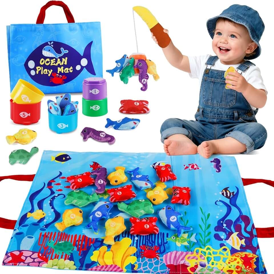 All in 1 Cloth Fishing Game with Stacking Cups, Learn Count and Sort Colors