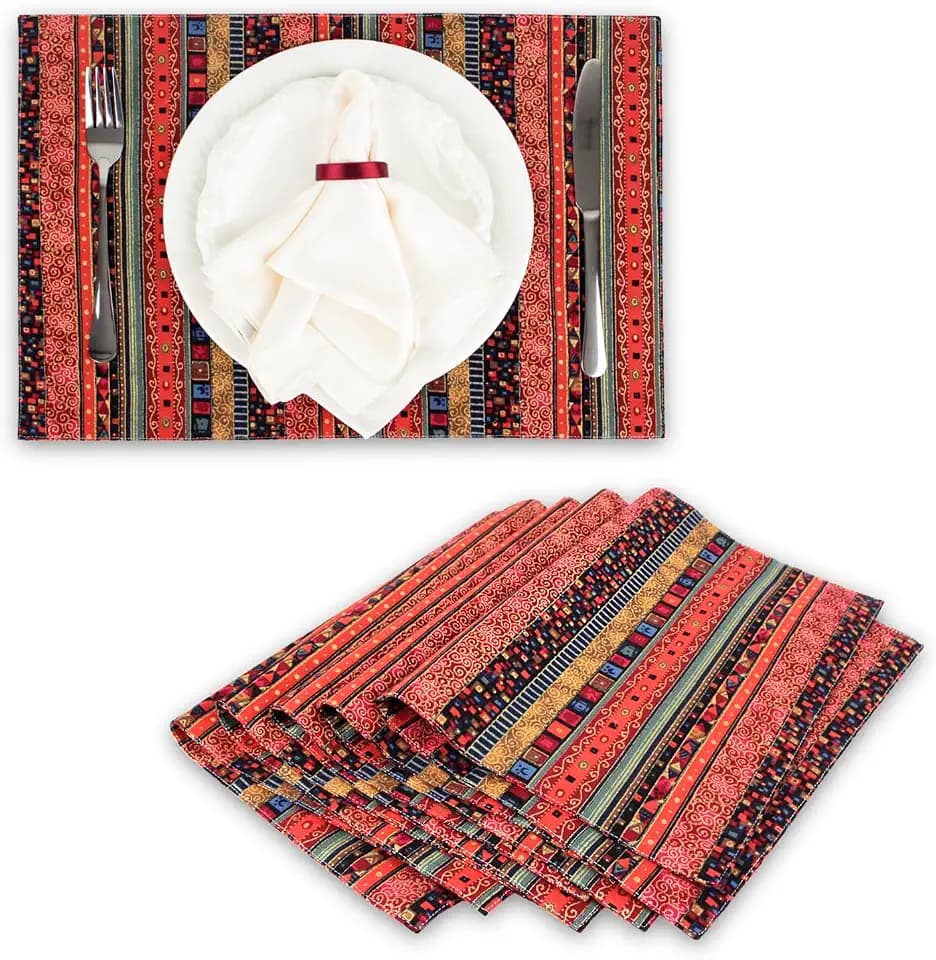 Bohemian Style Placemats Set of 6 Washable Table Mats Set 17.7x11.8 Inch Extra Large Cotton and Linen Material Placemats Red
