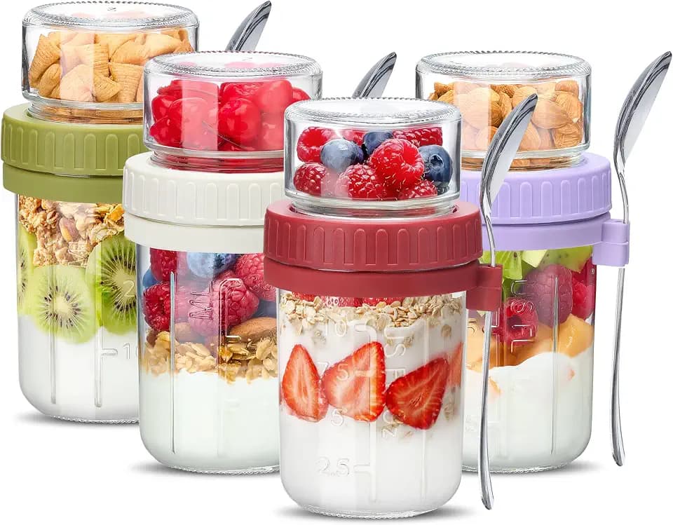 Danmu 4 Pack Overnight Oats Containers with Lids 21 oz (16+5),Dual-Layer Yogurt Parfait Cups with Lids,Meal Prep Containers Glass for Snack,Overnight Oats,Yogurt,Parfait,Salad Dishwasher Safe