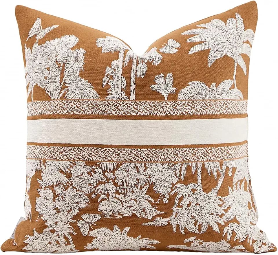 Croker Horse Premium Throw Pillow Covers 20x20 Inches - Tawny Birch Jungle with White Palm Tree Chenille Jacquard Embroidery Decorative Couch Pillow Covers for Living Room Bedroom Sofa