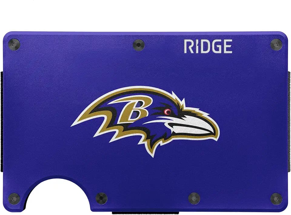 The Ridge NFL Wallet - Baltimore Ravens - Slim Wallet, Card Holder, Carry up to 12 Cards RFID Safe, Blocks Chip Readers, Minimalist Wallet With Cash Strap & Extra Money Clip