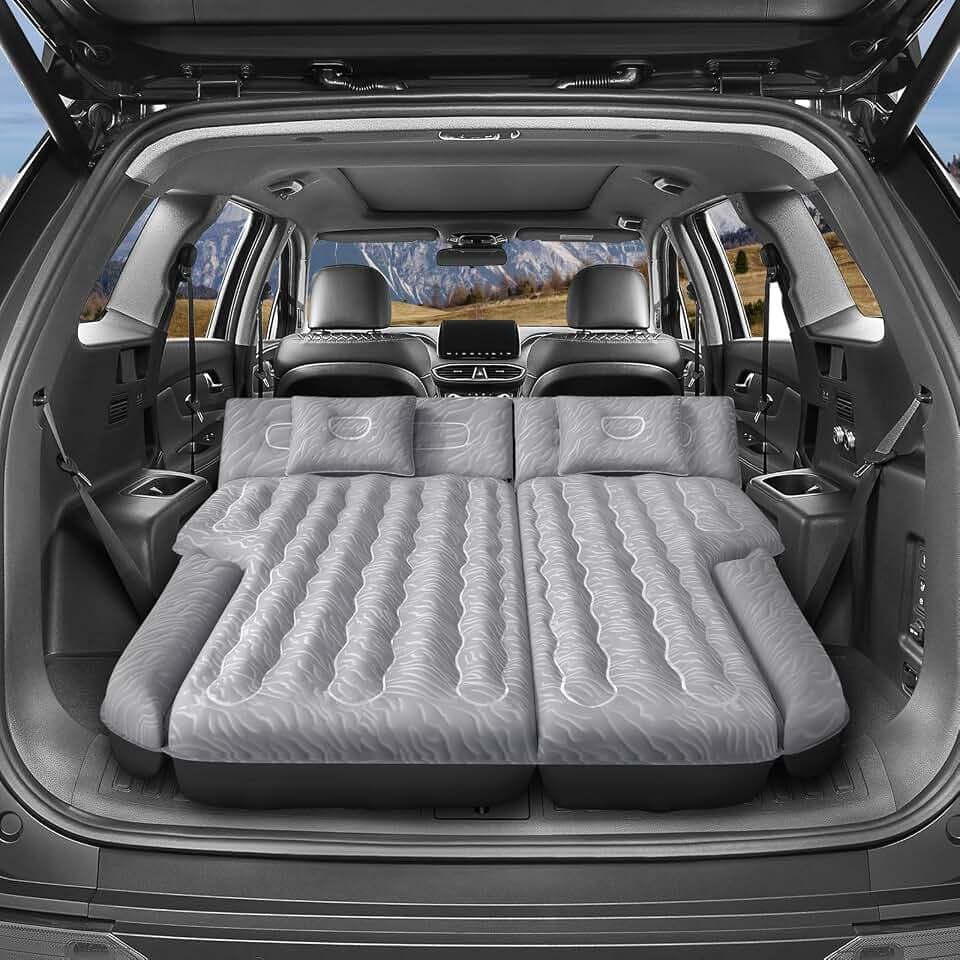 Inflatable SUV Air Mattress: Double-Sided Flocking Car Mattresses for Back SUV, Travel Camping Sleeping Bed with Air Pump 2 Pillows