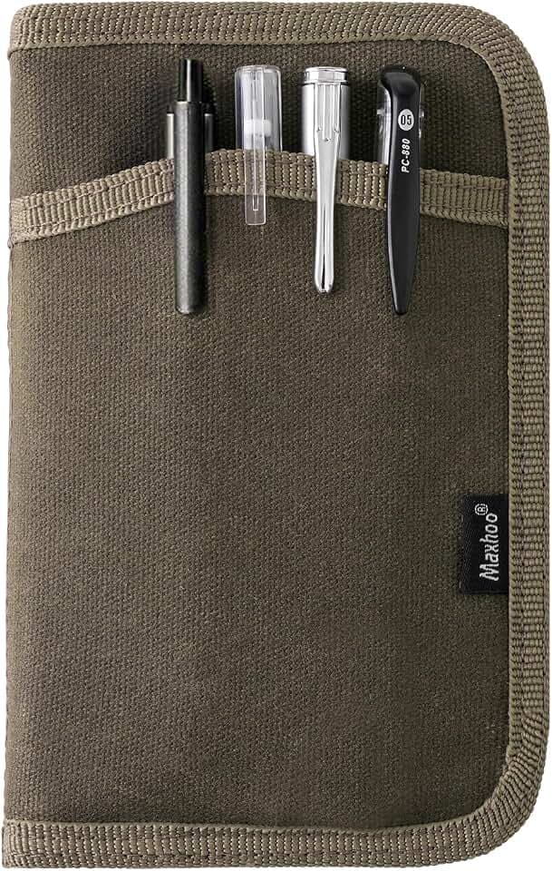 Journal Cover for Field Notes & Moleskine Cahier 3.5 x 5.5, Waxed Canvas Notebook Planner Sketchbook Cover with Zipper Pen Holder (Olive)