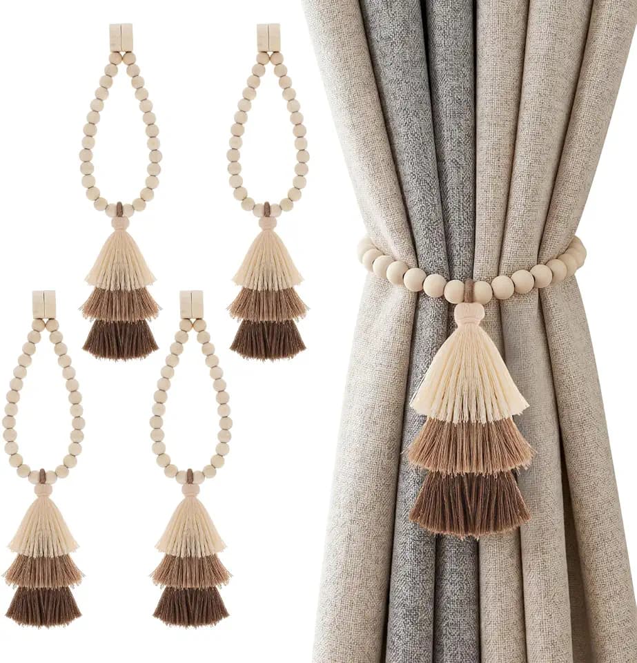 4Pcs Magnetic Curtain Tiebacks with Wood Beads and Triple Tassel,Beige