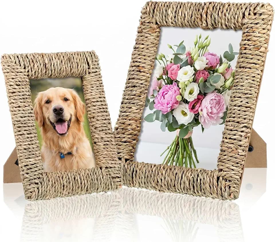 2 Pcs Boho Picture Frame, 4x6 & 5x7 Natural Woven Rattan Photo Frame with Stand for Wall and Tabletop Display Gift for Mom Grandma Family Friends