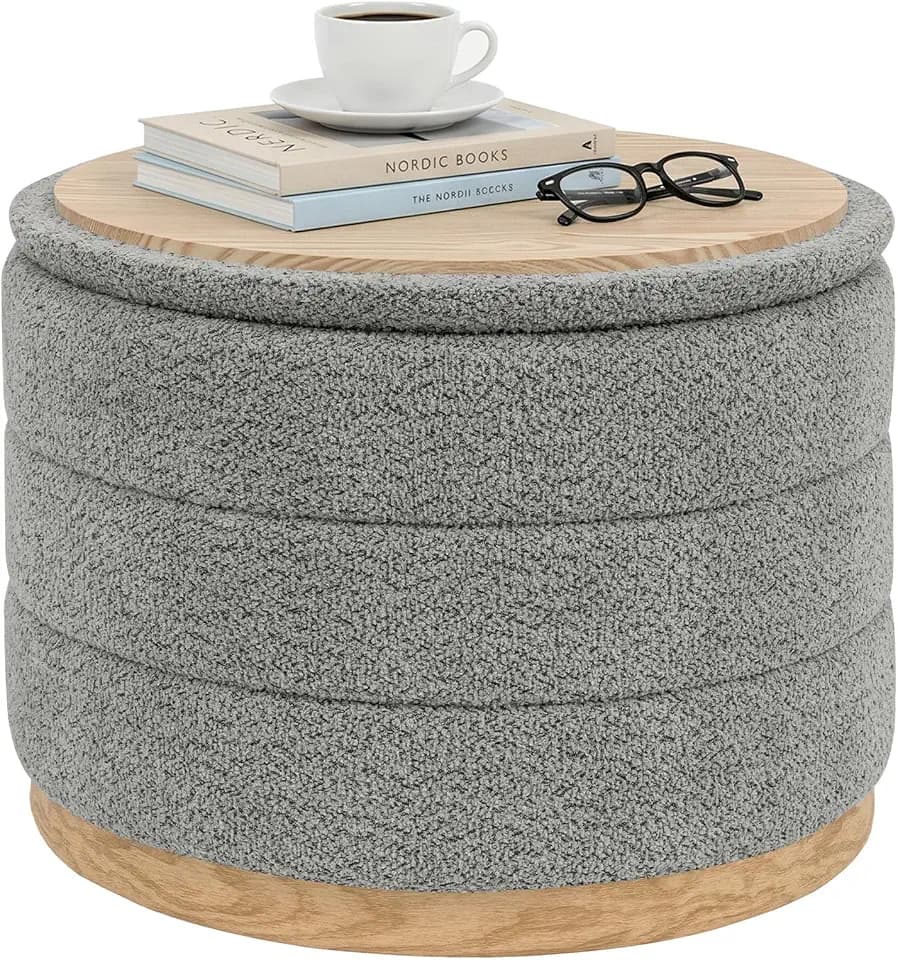 PINPLUS Folding Storage Ottoman, Grey Chenille Round