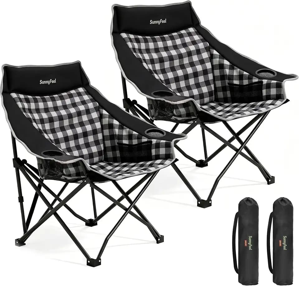 SUNNYFEEL 2 Pack Padded Oversized Camping Chairs for Adults, Heavy Duty Portable Folding Chair with Carry Bag, Side Pockets & Cup Holder, Supports 300 lbs, for Tailgating Hiking Picnic Backyard