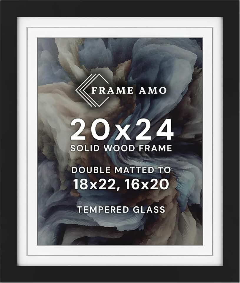 Frame Amo 20x24 Black Poster Frame, 18x22 and 16x20 Mats, Glass, Solid Wood