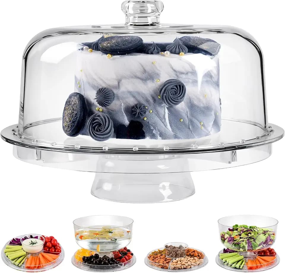 Acrylic Cake Stand with Dome Lid, 12.2 Inch 6-in-1 Clear Cake Plate Carrier with Handle, Crystal Display Holder with Cover for Birthday Parties, Weddings, Cupcakes, Fruit Platter & Home Baking Gift