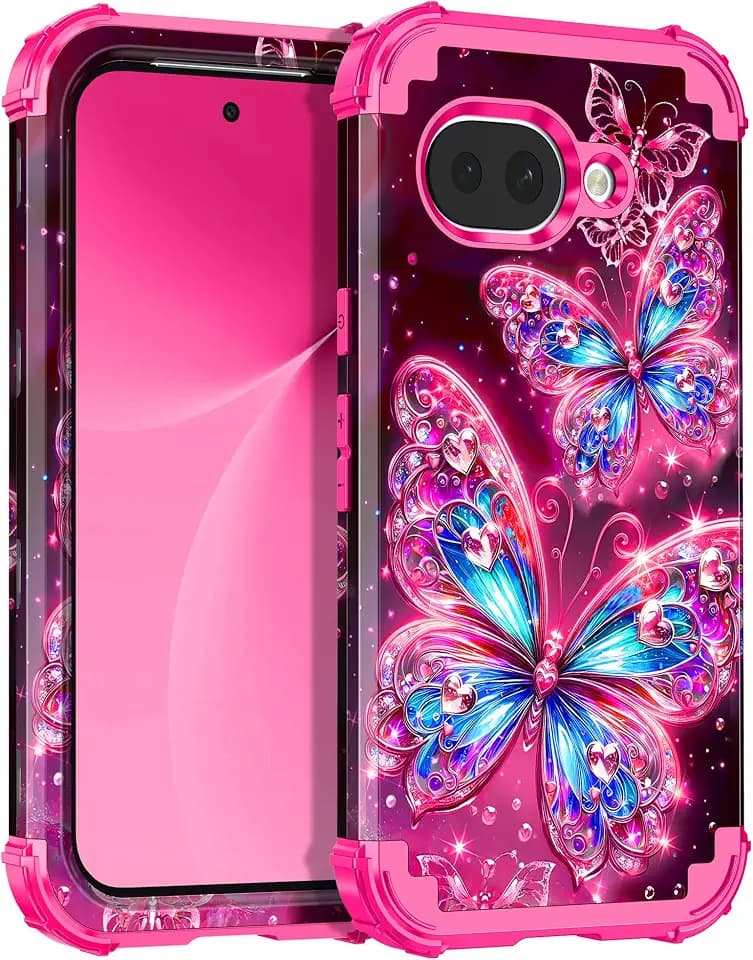 Miqala for Google Pixel 10a Case,Glow in The Dark Three Layer Heavy Duty Shockproof Full Body Protection Hard Plastic Bumper+Soft Silicone Case for Google Pixel 10A Case,Pink
