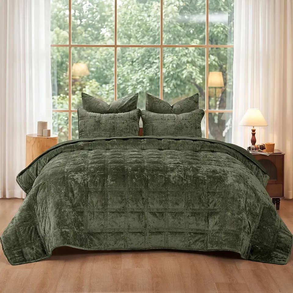 PHF Diamond Pattern Luxury Velvet Quilt Set Queen Size, Smokey Olive