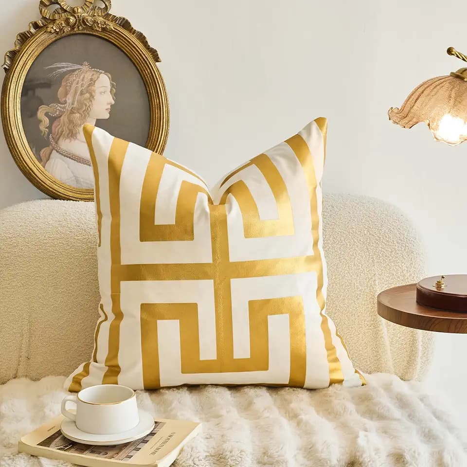 Gold Geometric Stripe Print Throw Pillow Cover 22 x 22 Inch Decorative Couch Pillow Cover Soft White Velvet Cushion Covers Case Modern Pillowcase for Couch Sofa Bed Living Room