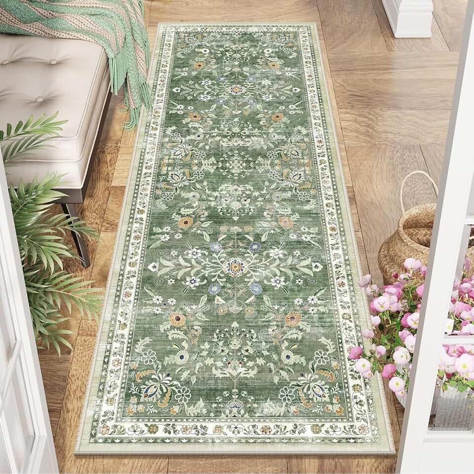 Yamaziot 2x6 Washable Hallway Runner Rug Non Slip Floral Carpet, Sage Green