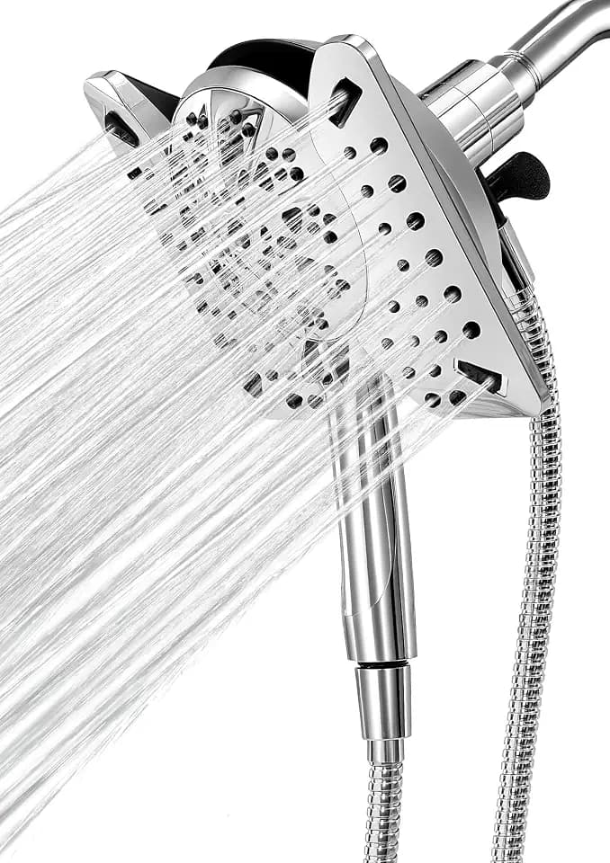 Shower Head with Handheld High Pressure, Rain Shower Head with Fixed Showerhead and 9 Sprays Handheld Shower, Detachable 2-IN-1 Shower head with 59" Rotatable Stainless Steel Hose (Chrome)