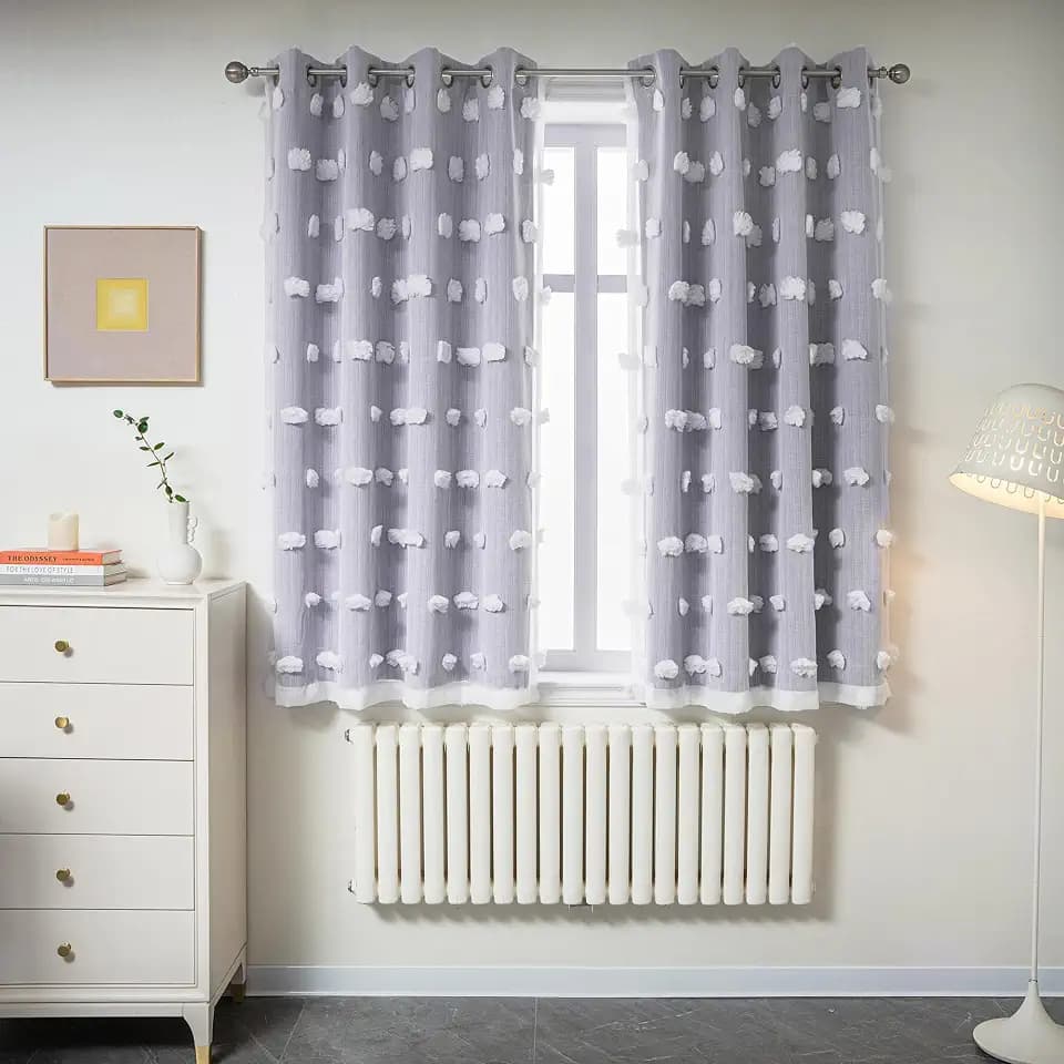 MYSKY HOME Lilac Curtains for Girls Bedroom Kids Curtain 54 Inches Length White Pom Pom Sheer Small Window Curtains 2 Panels Double Layer Curtains Grommet Room Darkening Nursery Curtains, W52 X L54