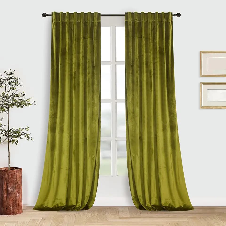 Roslynwood Luxury Soft Olive Velvet Curtains 72 inches Long Back Tab Thermal Insulated Blackout Window Drapes for Living Room/Bedroom/Dining Room, W52 x L72, 2 Panels