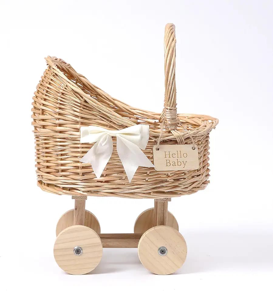 Decorative Wicker Carriage-Shaped Basket, Baby Shower Centerpiece, Medium